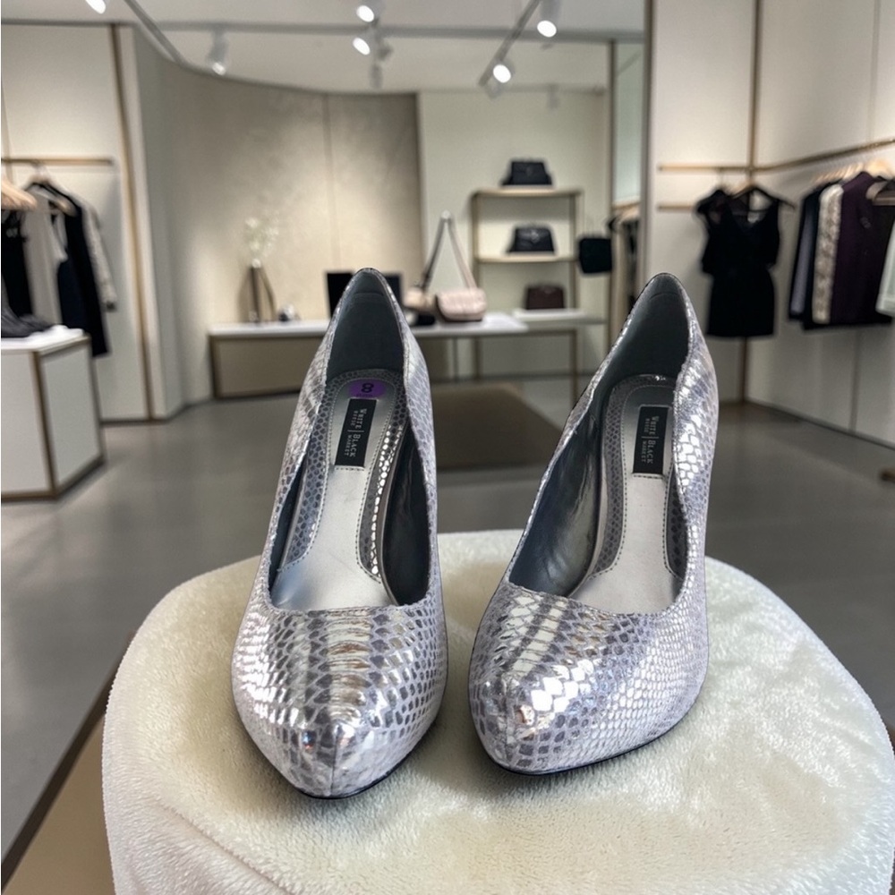 WHBM metallic silver heels with scallop edge detail